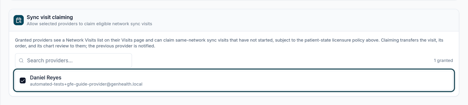 The Sync visit claiming card with one provider ticked and 1 granted.