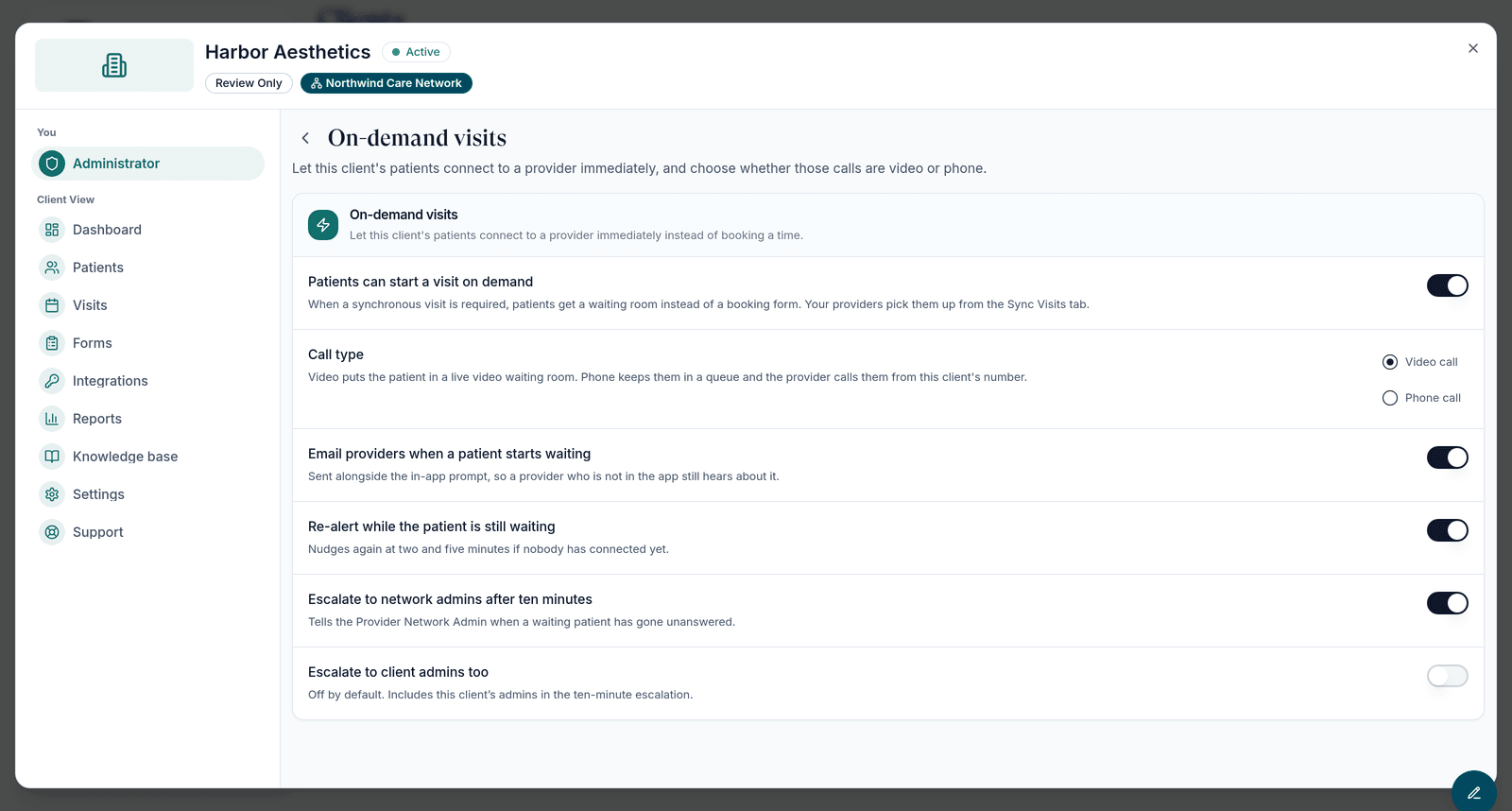 The On-demand visits settings for a client with the patient toggle and the alert toggles turned on.