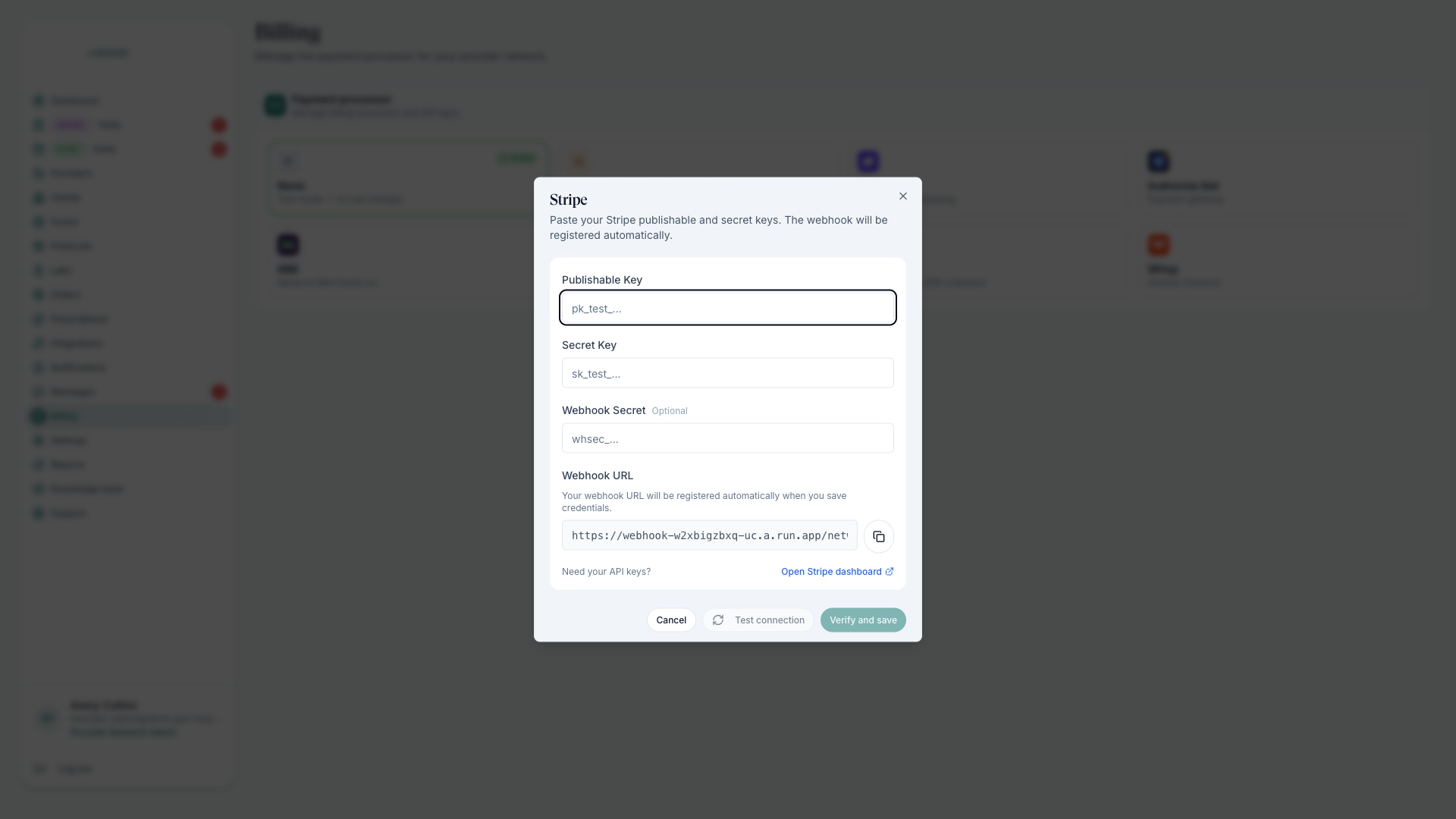 Stripe credential dialog on the Billing page with publishable key, secret key, and webhook fields