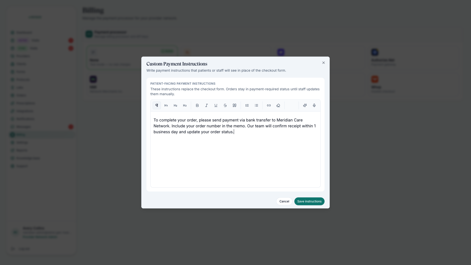 Custom payment instructions editor that replaces the checkout form with manual pay instructions