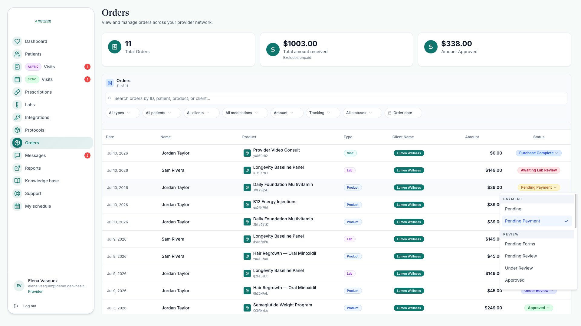 Manual order status update control open on an order row showing grouped payment and review statuses