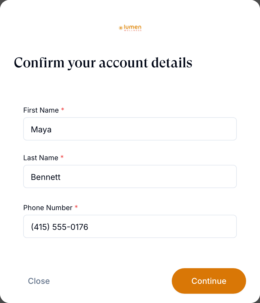 Setup wizard on Confirm your account details, with First Name, Last Name and Phone Number filled in and a Continue button