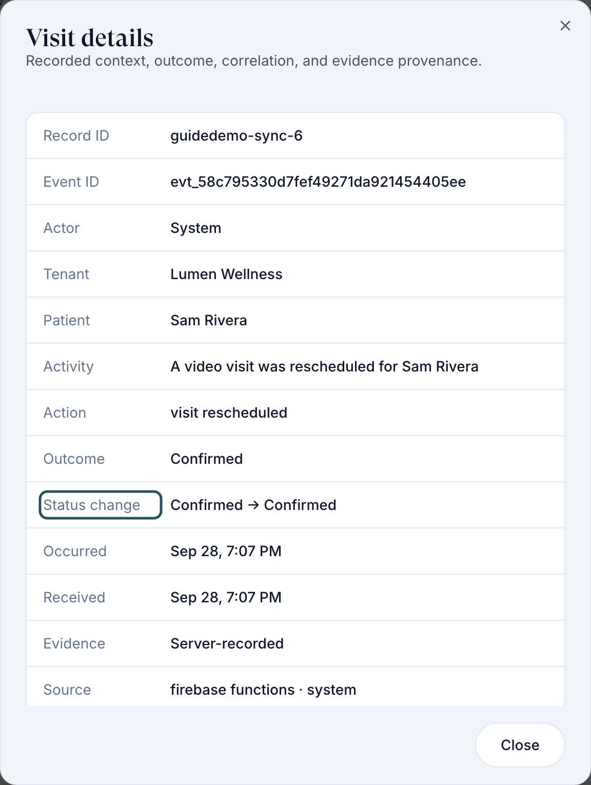 Visit details window on Activity with Record ID, Actor, Patient, Activity, Status change and Occurred