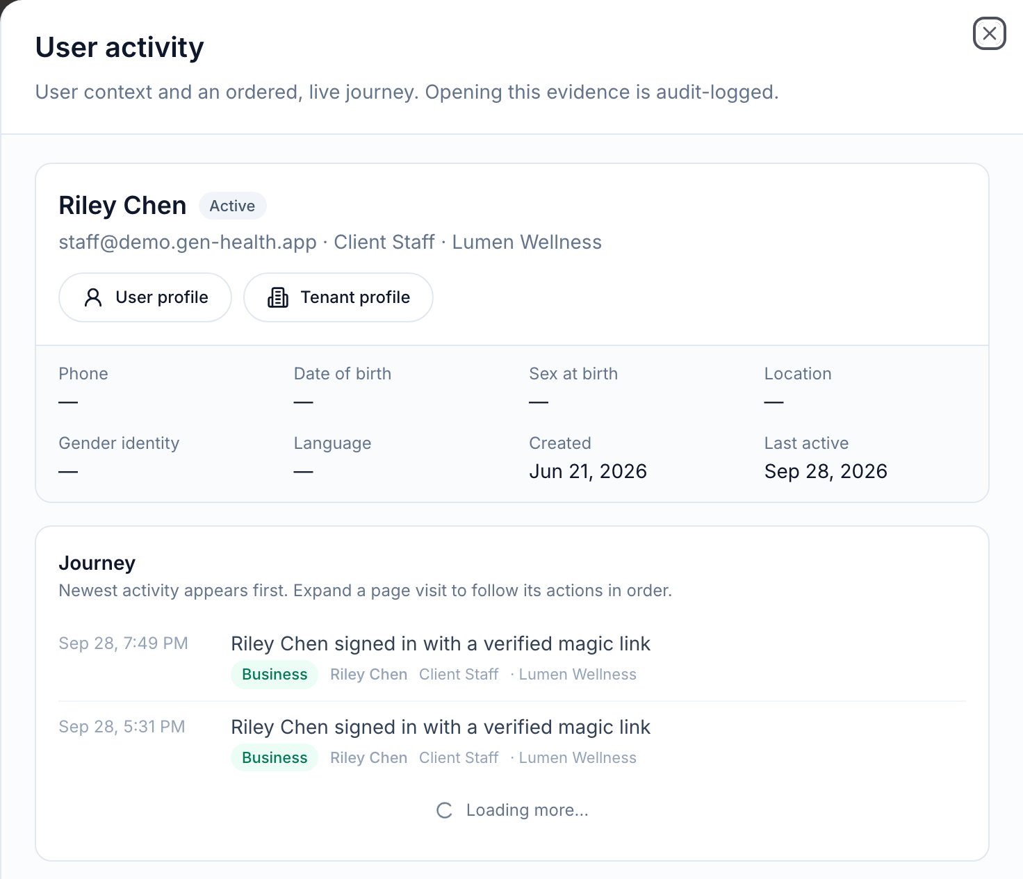 User activity panel for a Client Staff member with User profile, Tenant profile and the Journey list