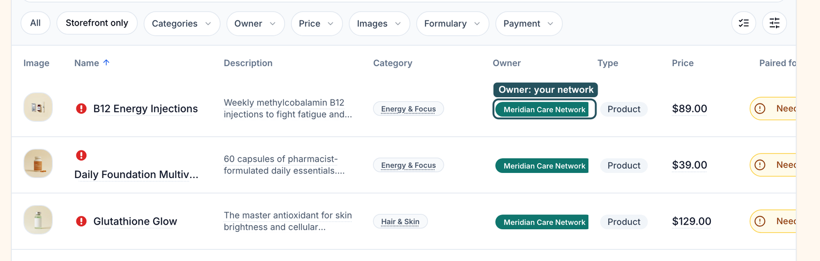 Products table with Meridian Care Network in the Owner column on each product