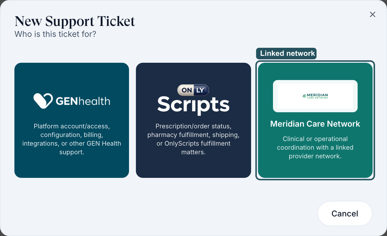 New Support Ticket recipient tiles with the Meridian Care Network tile outlined