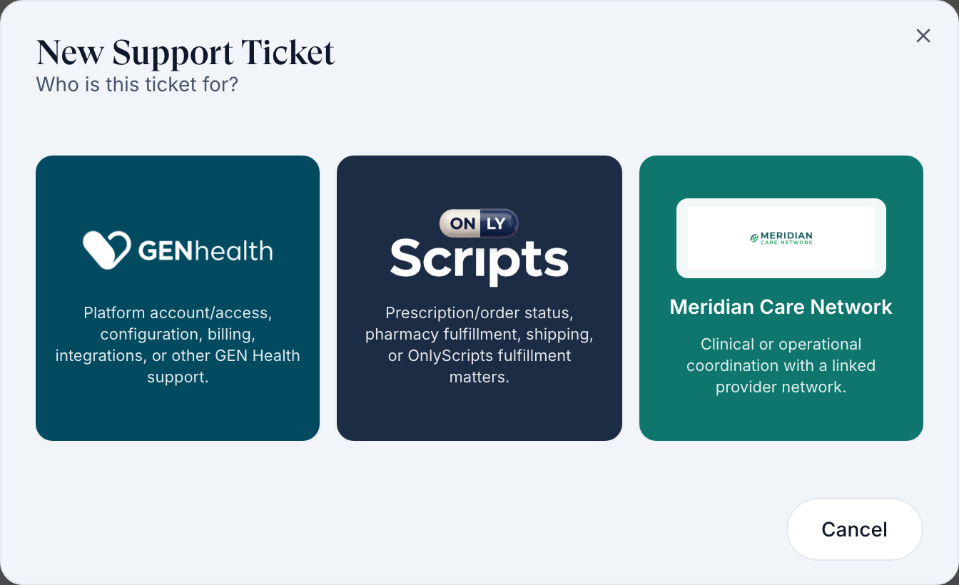 New Support Ticket recipient cards: GEN Health, OnlyScripts and the provider network