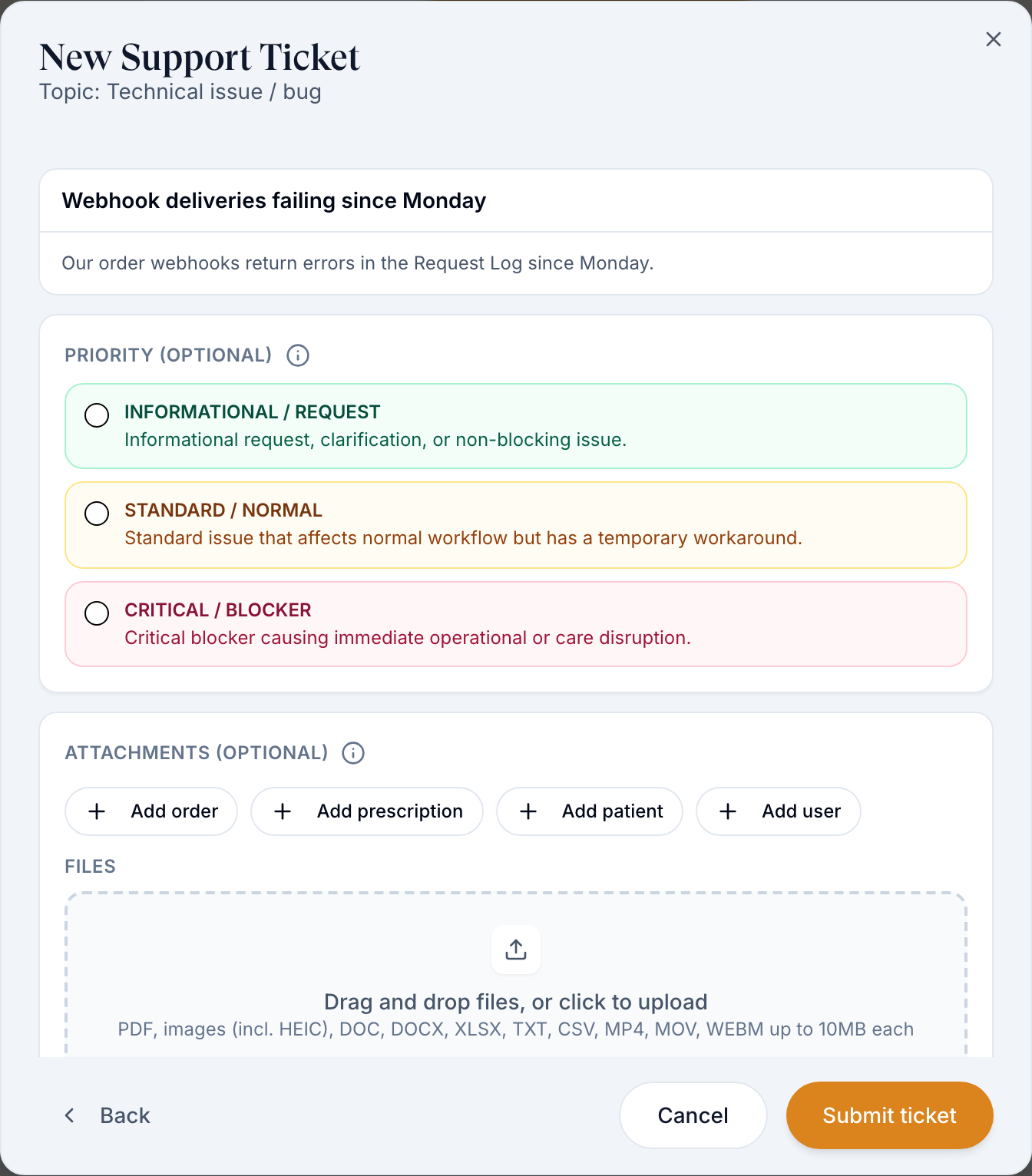 New Support Ticket review step with Priority cards, Add order, Add prescription, Add patient, Add user and the file dropzone