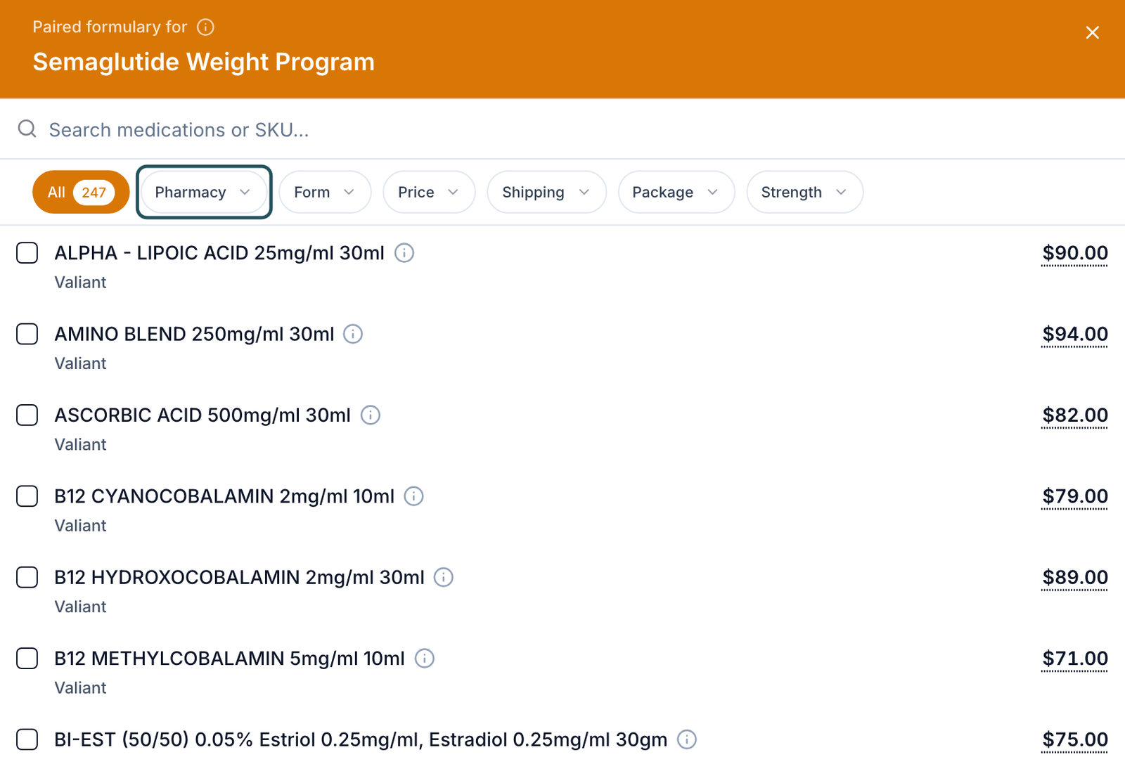 Paired formulary for Semaglutide Weight Program sheet: search, Pharmacy, Form and Strength filters, and a Pair checkbox beside each pharmacy medication