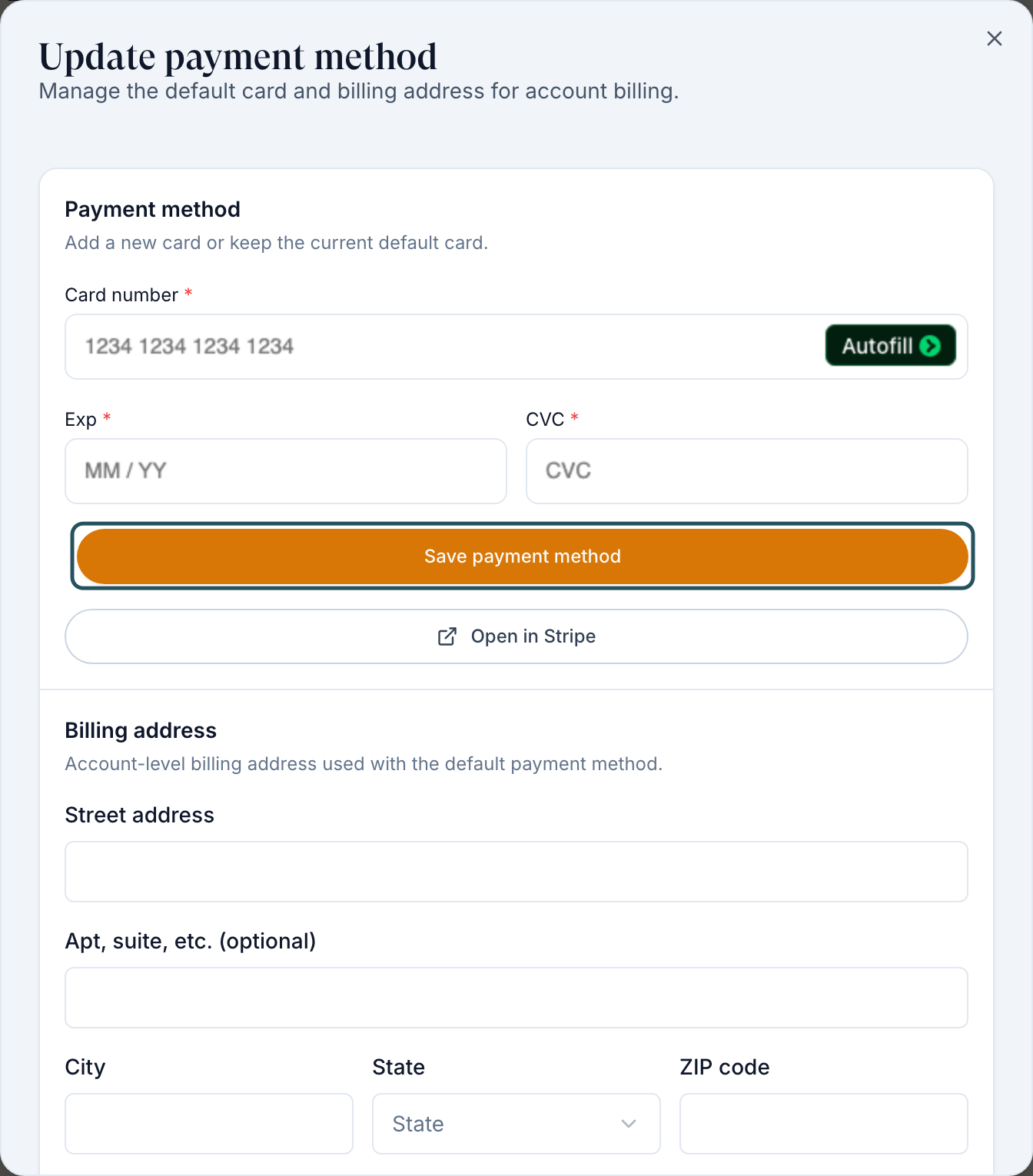 Update payment method dialog with card fields, Save payment method, Open in Stripe, and the Billing address fields