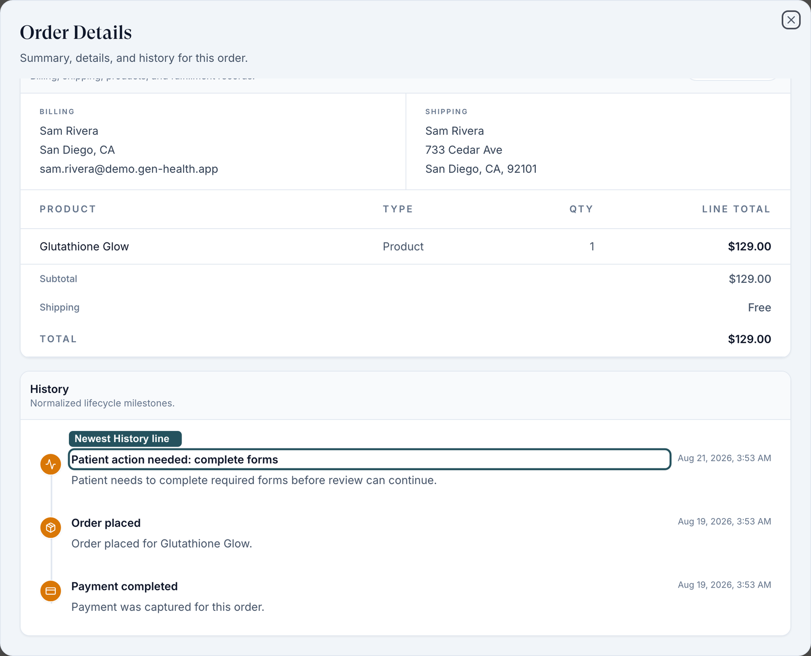 Order Details History whose newest line reads Patient action needed: complete forms
