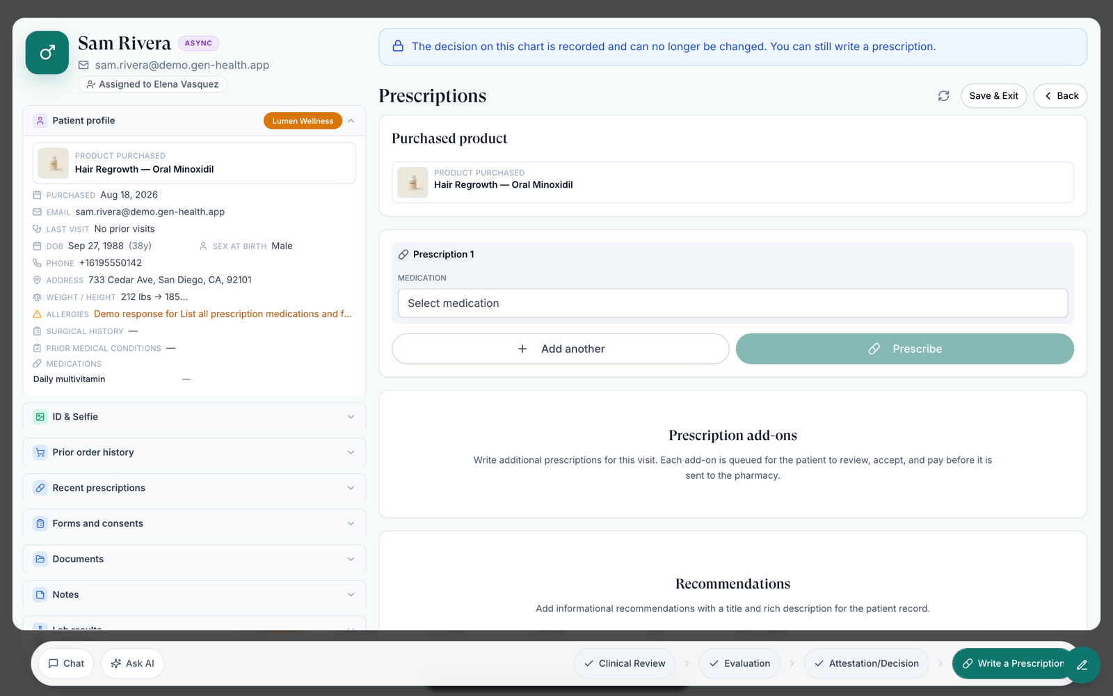Write a Prescription step with Purchased product, Select medication, Add another and Prescribe