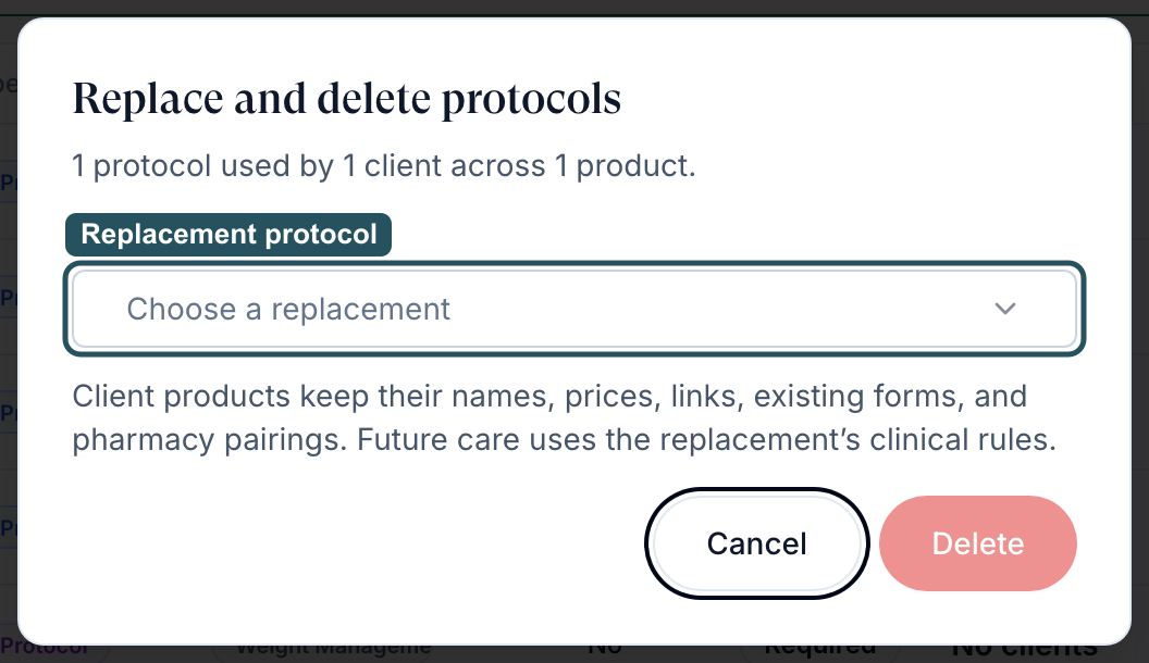 Replace and delete protocols dialog: 1 protocol used by 1 client across 1 product, with the Replacement protocol picker