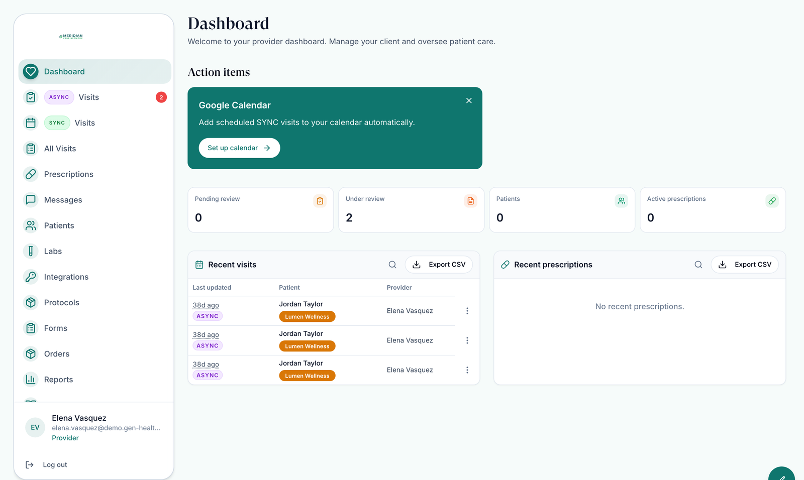 Provider Dashboard with the ASYNC Visits badge, Action items, the Pending review and Under review tiles, and Recent visits