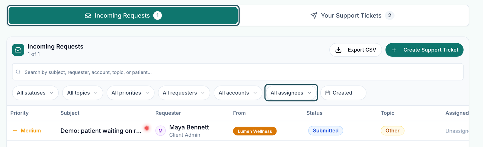 Incoming Requests tab with one client ticket, its Priority and Status cells, and the All assignees filter