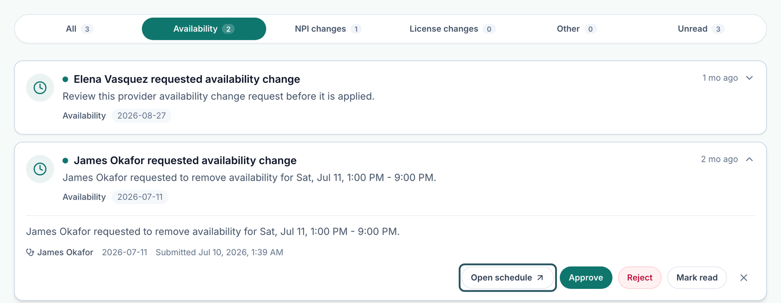 Availability tab with an expanded request showing the removed hours, Open schedule, Approve, Reject and Mark read