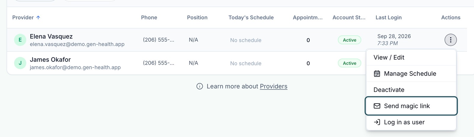 Provider row menu with View / Edit, Manage Schedule, Deactivate, Send magic link highlighted, and Log in as user