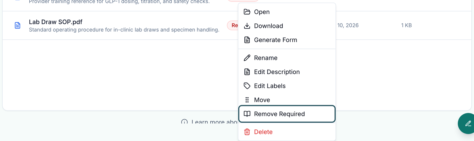 Right-click menu on a required document showing Open, Download, Rename, Move and Remove Required