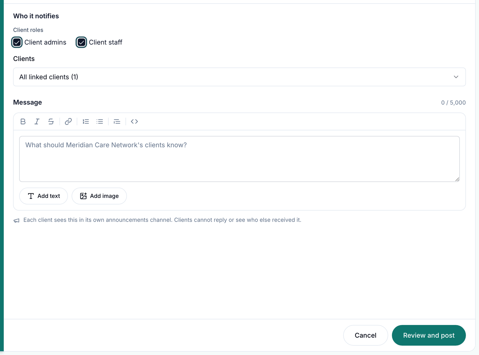 New announcement form with Client admins and Client staff ticked, All linked clients selected and an empty Message box