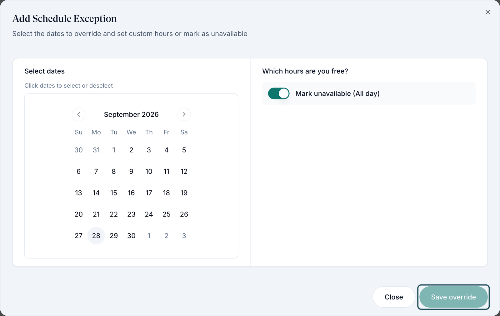 Add Schedule Exception dialog with the date calendar, Mark unavailable (All day) turned on, and Save override