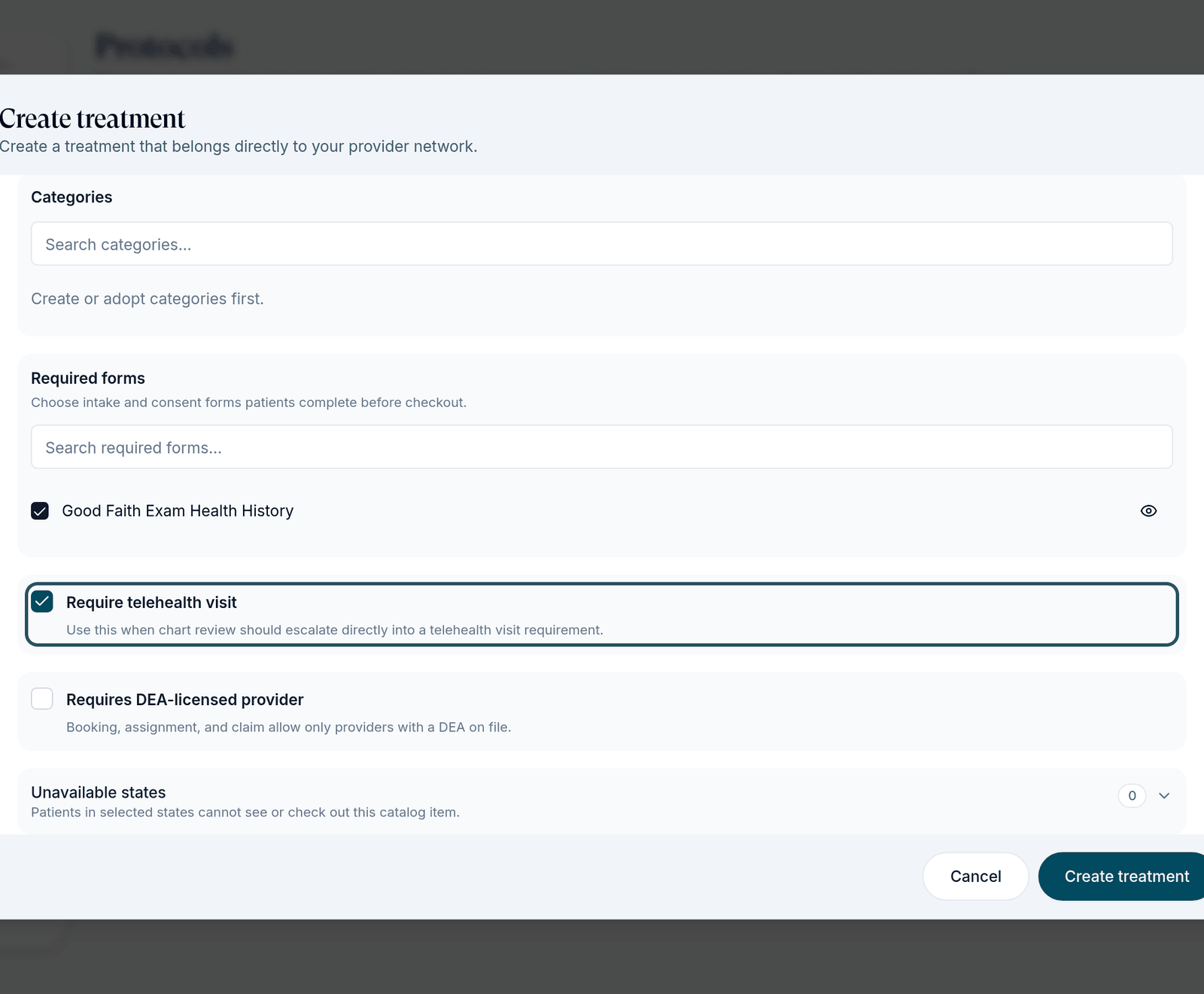 Create treatment with the Require telehealth visit option ticked and highlighted.
