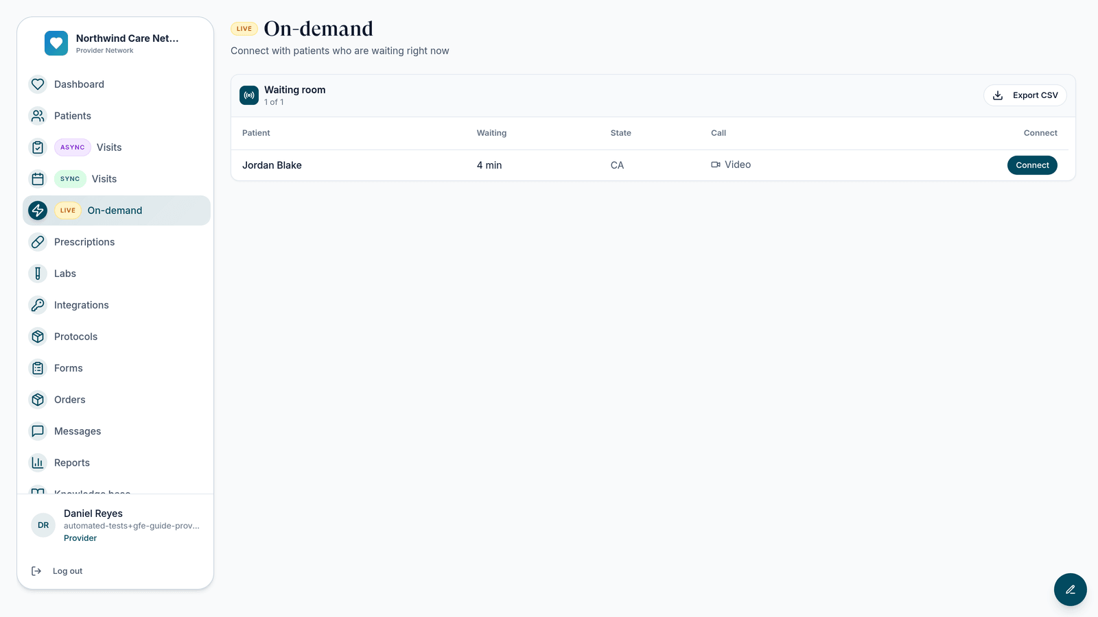 The On-demand page listing one waiting patient with a Connect button.