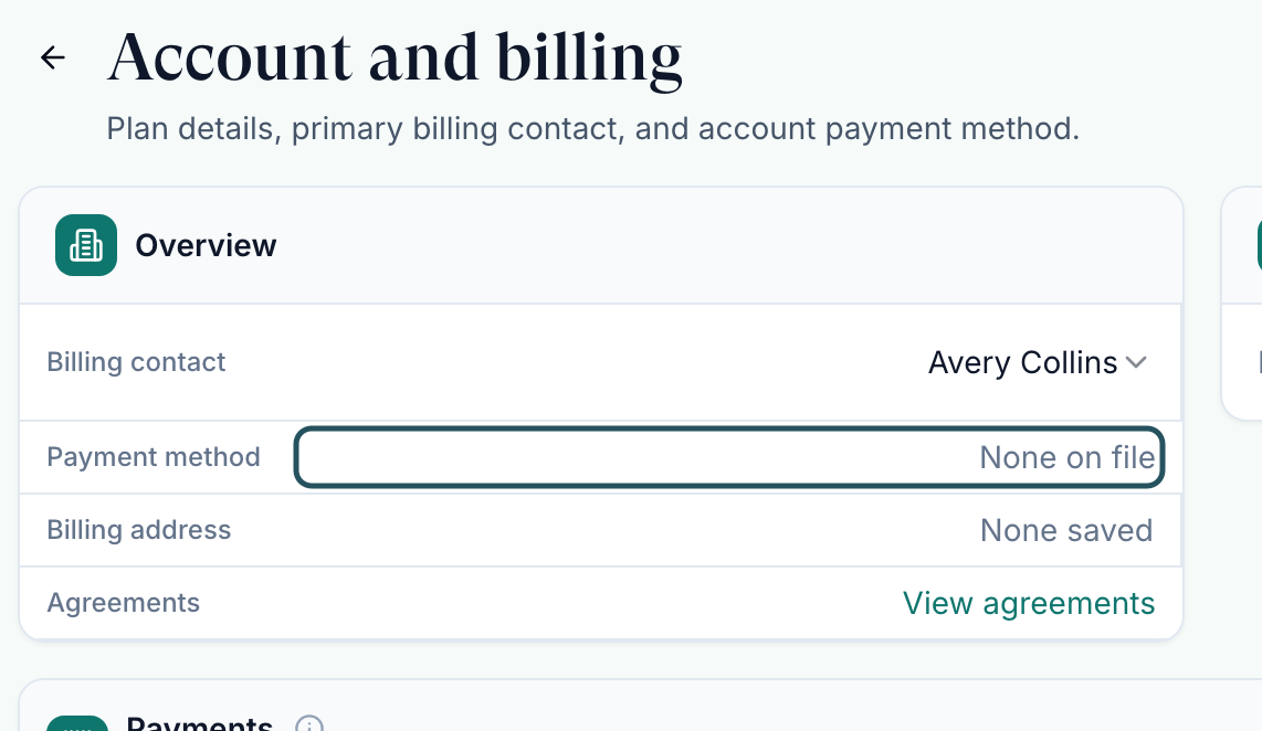 Overview card with Billing contact, Payment method None on file, Billing address None saved and View agreements