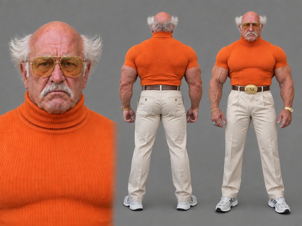 What you get: a three-view character sheet. This one is @massiveunc, the grandpa from the reel.