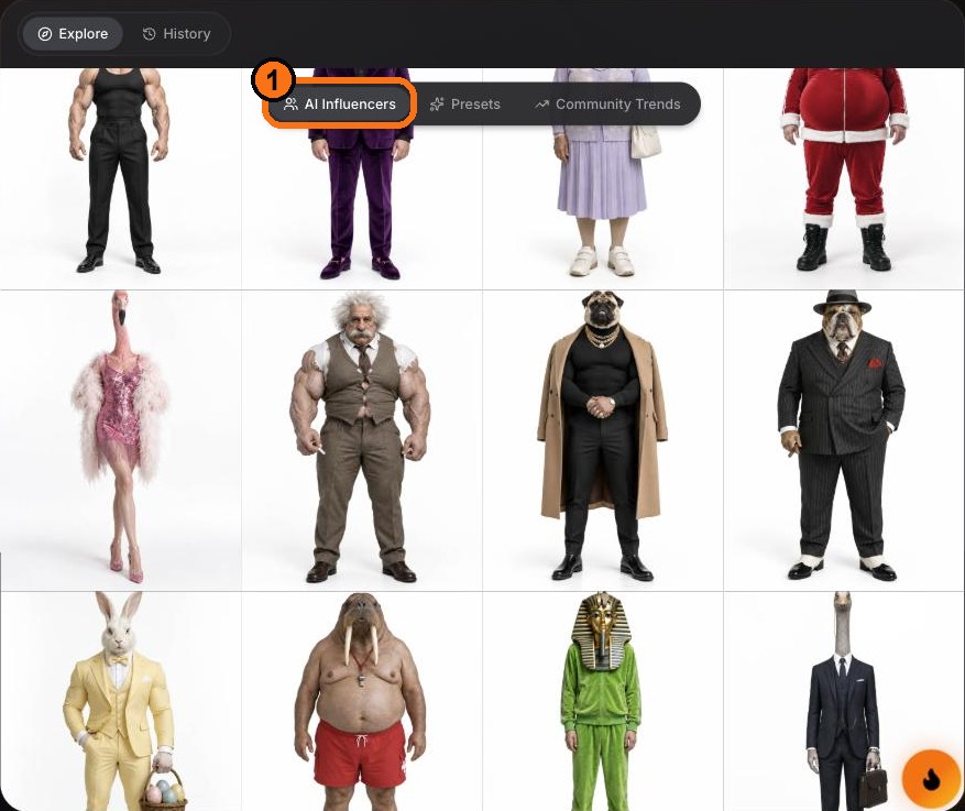 Explore → AI Influencers (1): the cast. Flamingos, pharaohs, buff professors, a pug in gold chains.