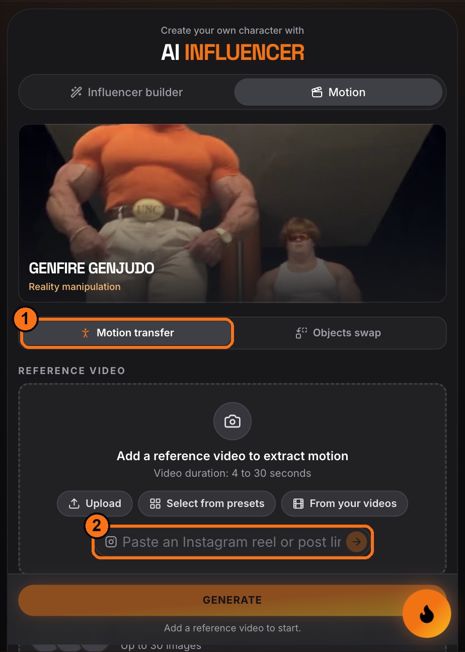 The Motion tab: Motion transfer (1), and paste any Instagram reel link (2). Genjudo uses 4–30 seconds of the clip.