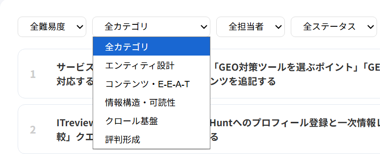 全体改善のカテゴリフィルター