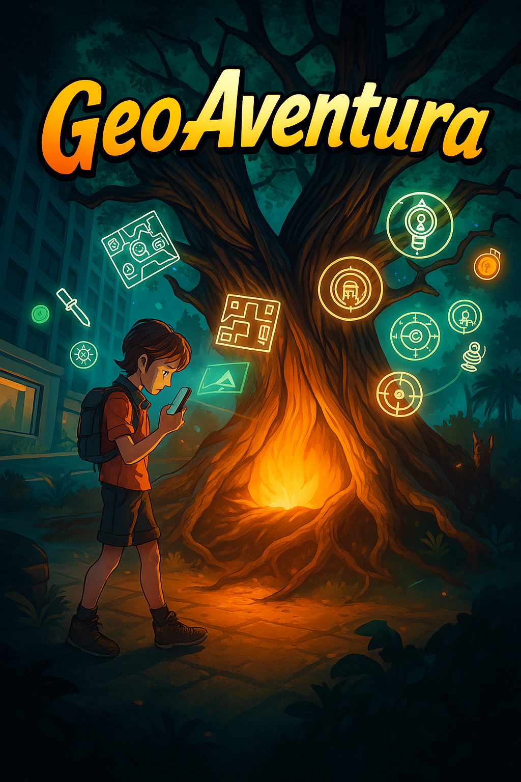 Ilustración de GeoAventura: joven explorando un mapa digital en un entorno urbano con iconos de geolocalización y aventura.