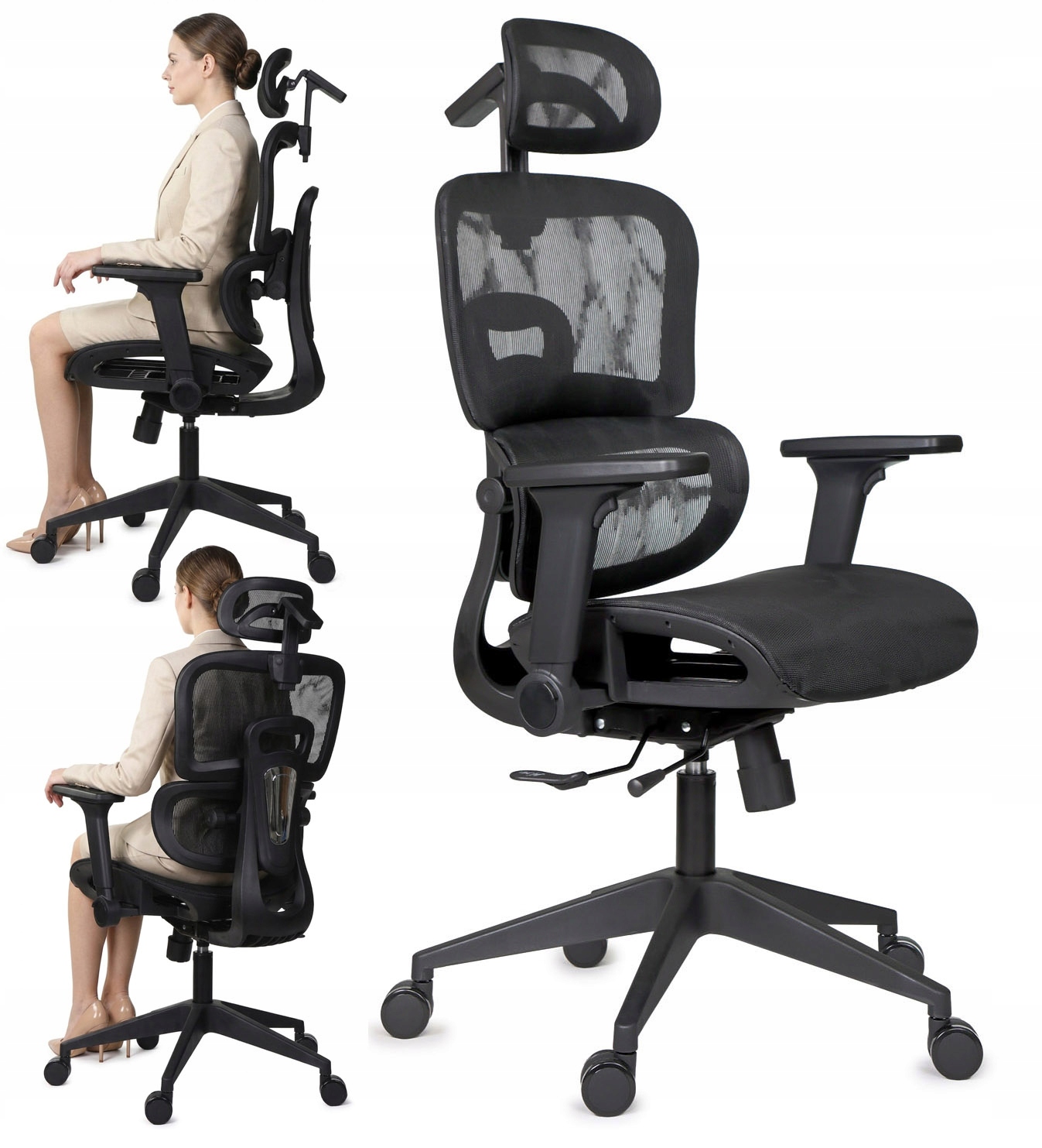 Fotel ergonomiczny Giosedio z pełną regulacją, z siatki, czarny PXV004