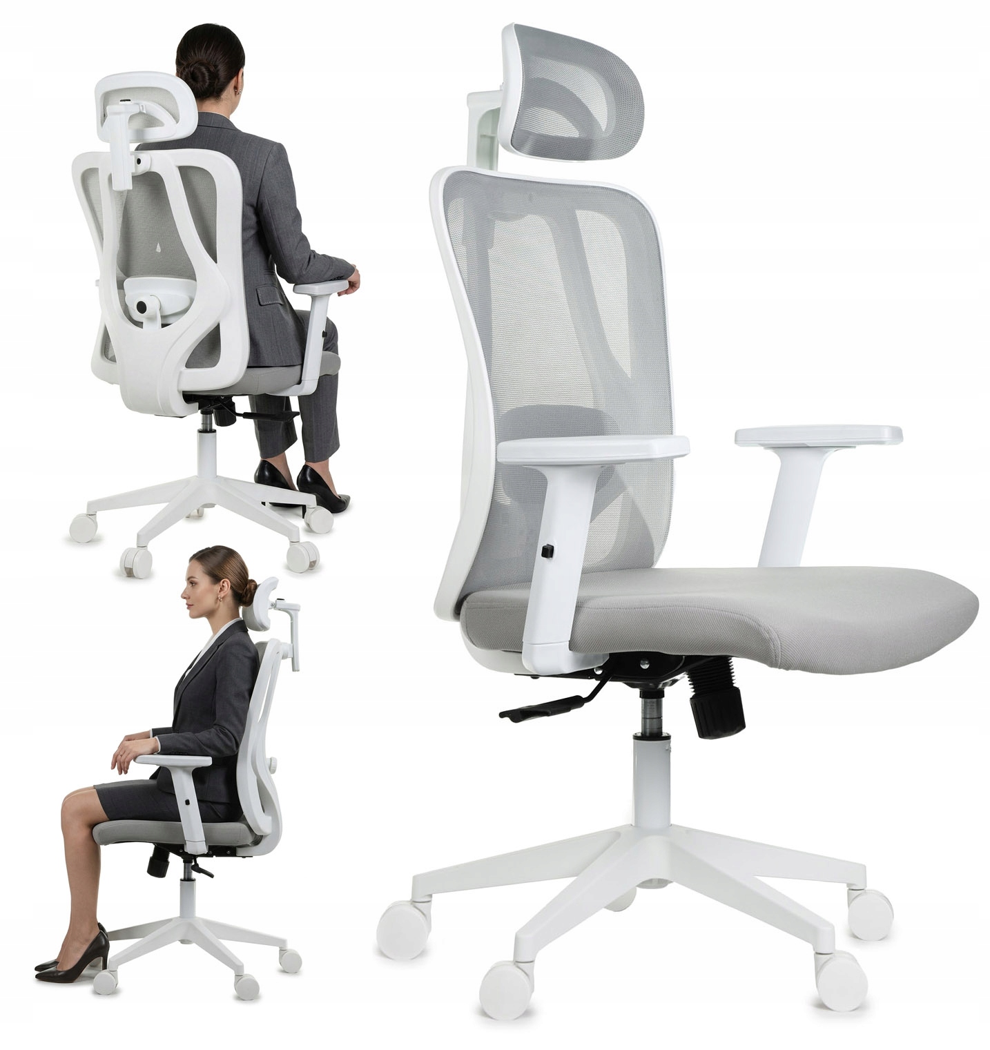 Fotel ergonomiczny Giosedio z zagłówkiem i podparciem lędźwi, biało-szary FXB002