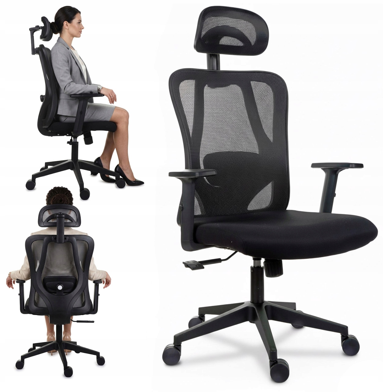 Ergonomiczny fotel biurowy regulowany podłokietnik zagłówek wsparcie lędźwi