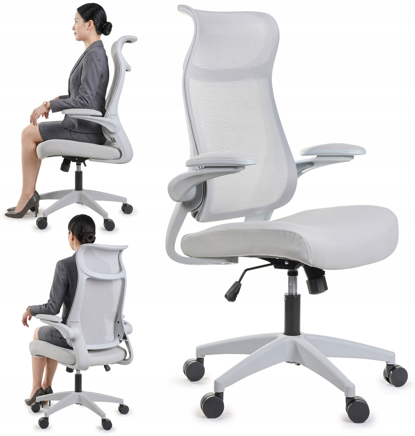 Ergonomiczny wygodny szary fotel biurowy, regulowane podłokietniki BHP siwy