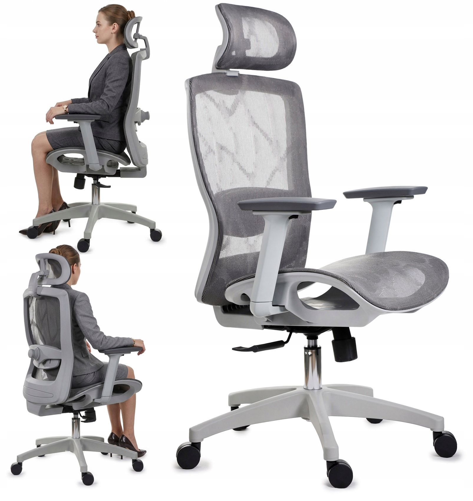 Ergonomiczny szary wygodny fotel biurowy regulowane podłokietniki, zagłówek