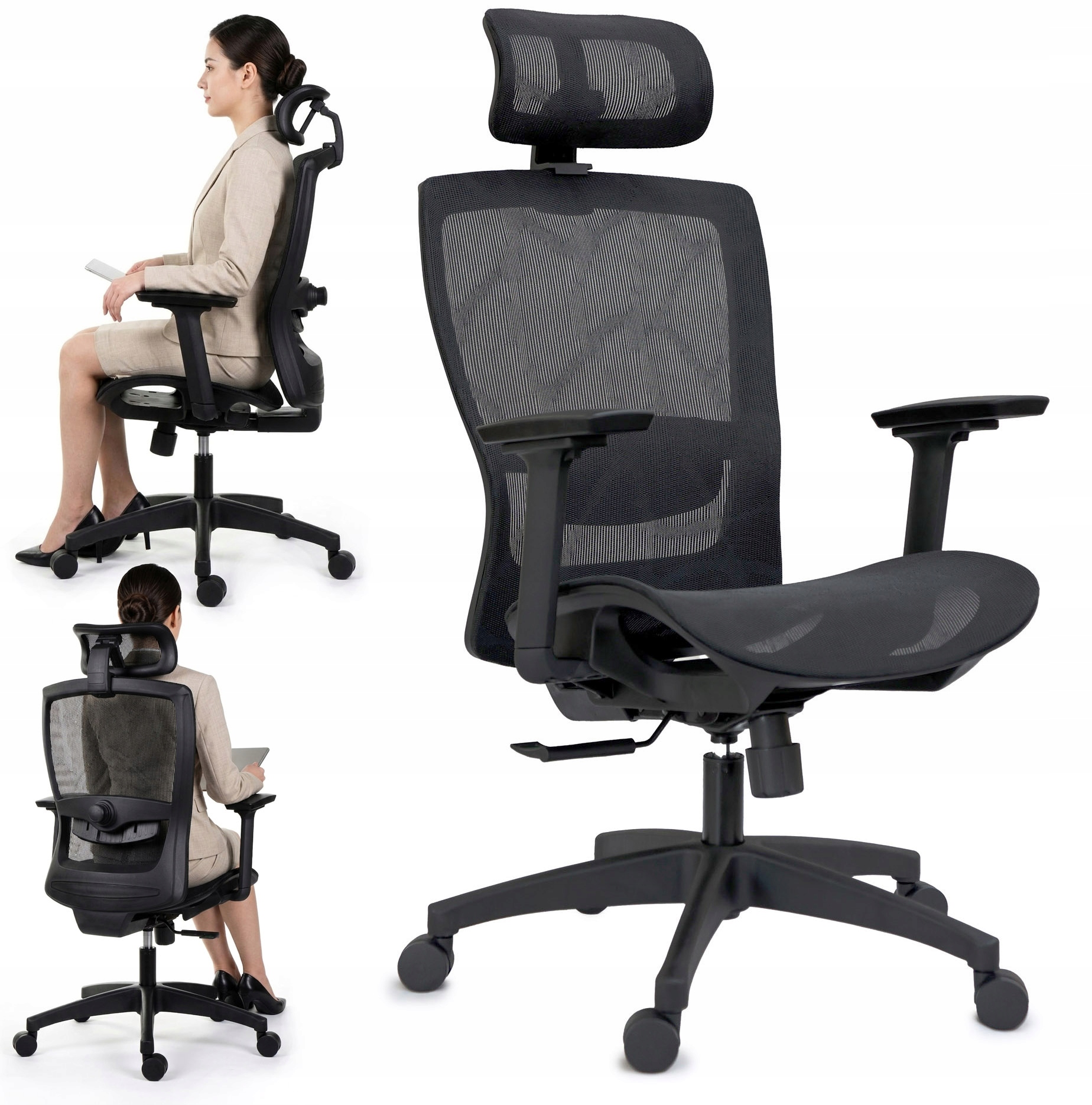 Ergonomiczny fotel biurowy FXC004 regulowane podłokietniki i zagłówek, BHP
