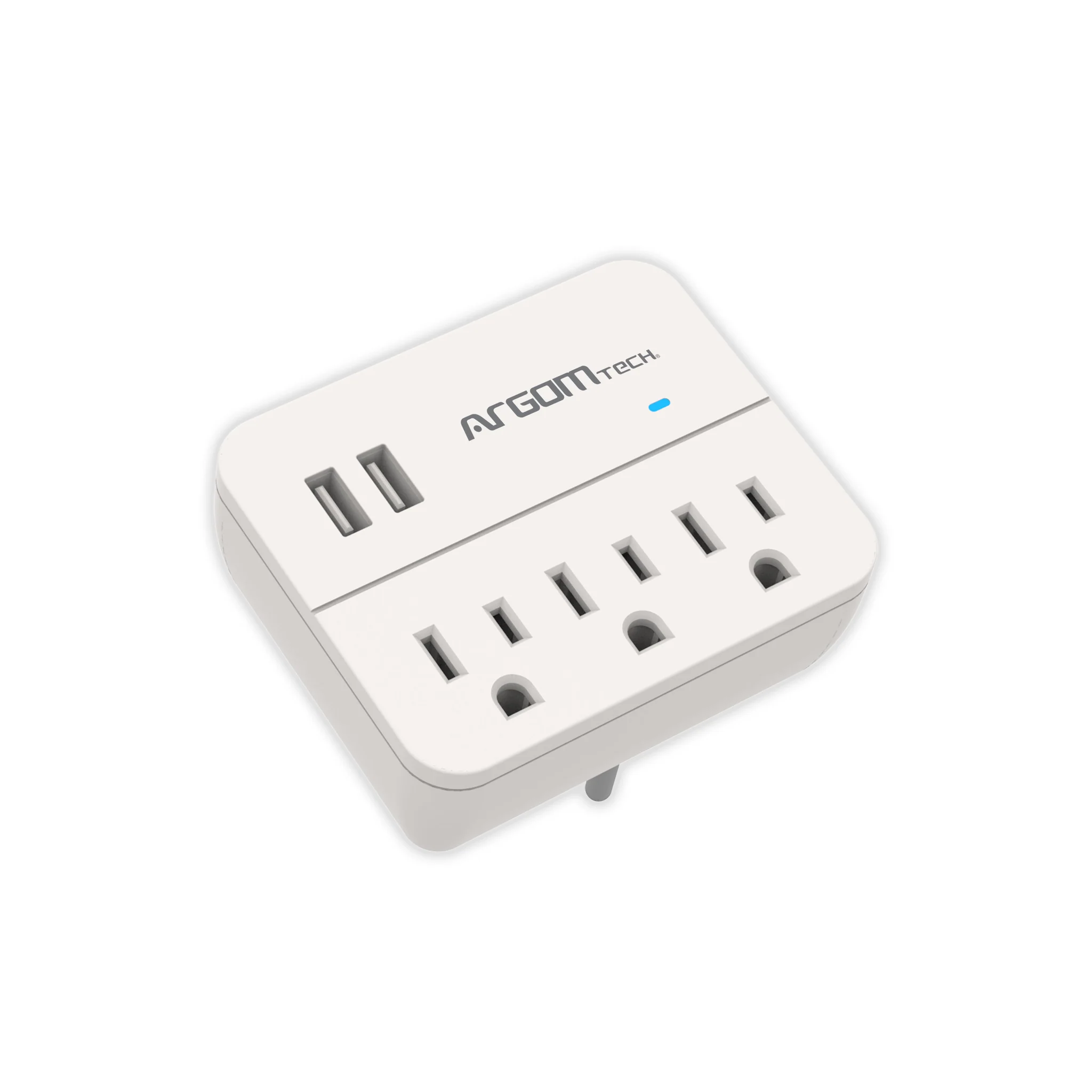 ESTACION DE CARGA ARGOM 3 TOMAS + 2 PUERTOS USB/125V 15A/ 60HZ/ CON AVR/ BLANCO
