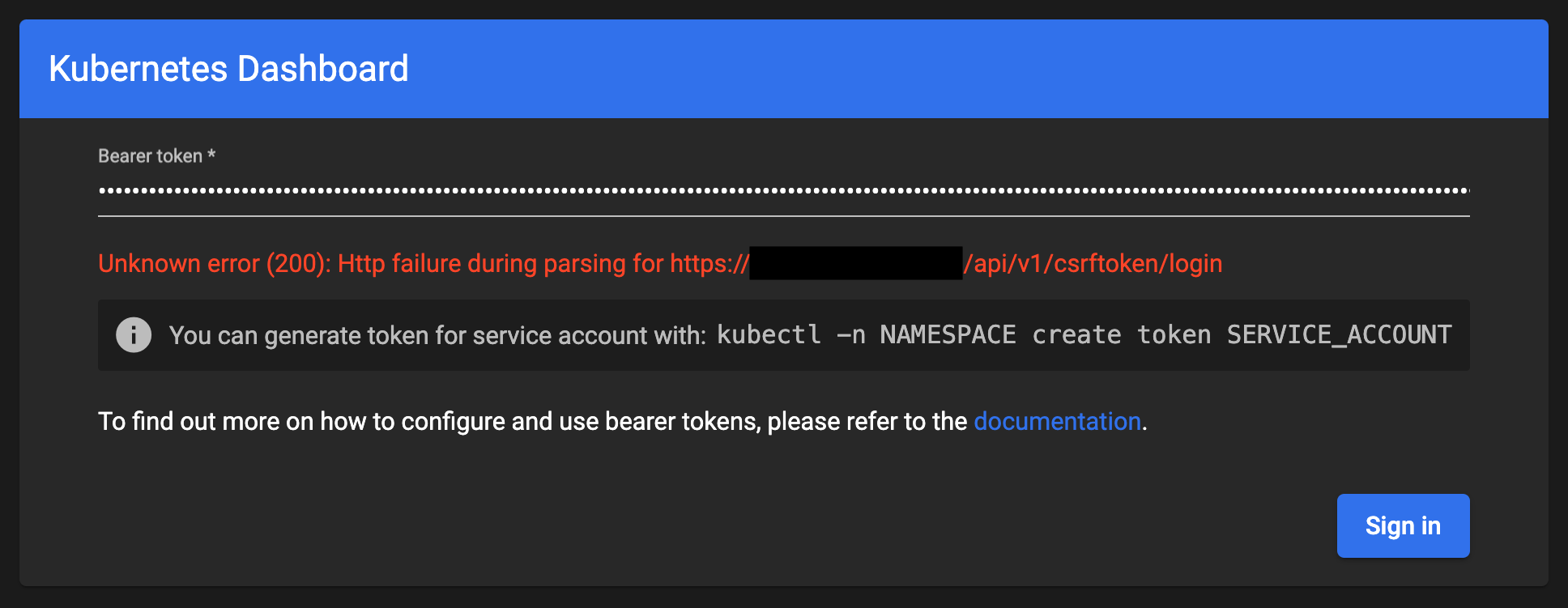 Kubernetes Dashboard インストール & Unknown error (200): Http failure during parsing for https://xxxx.xx/api/v1/csrftoken/login エラーの原因