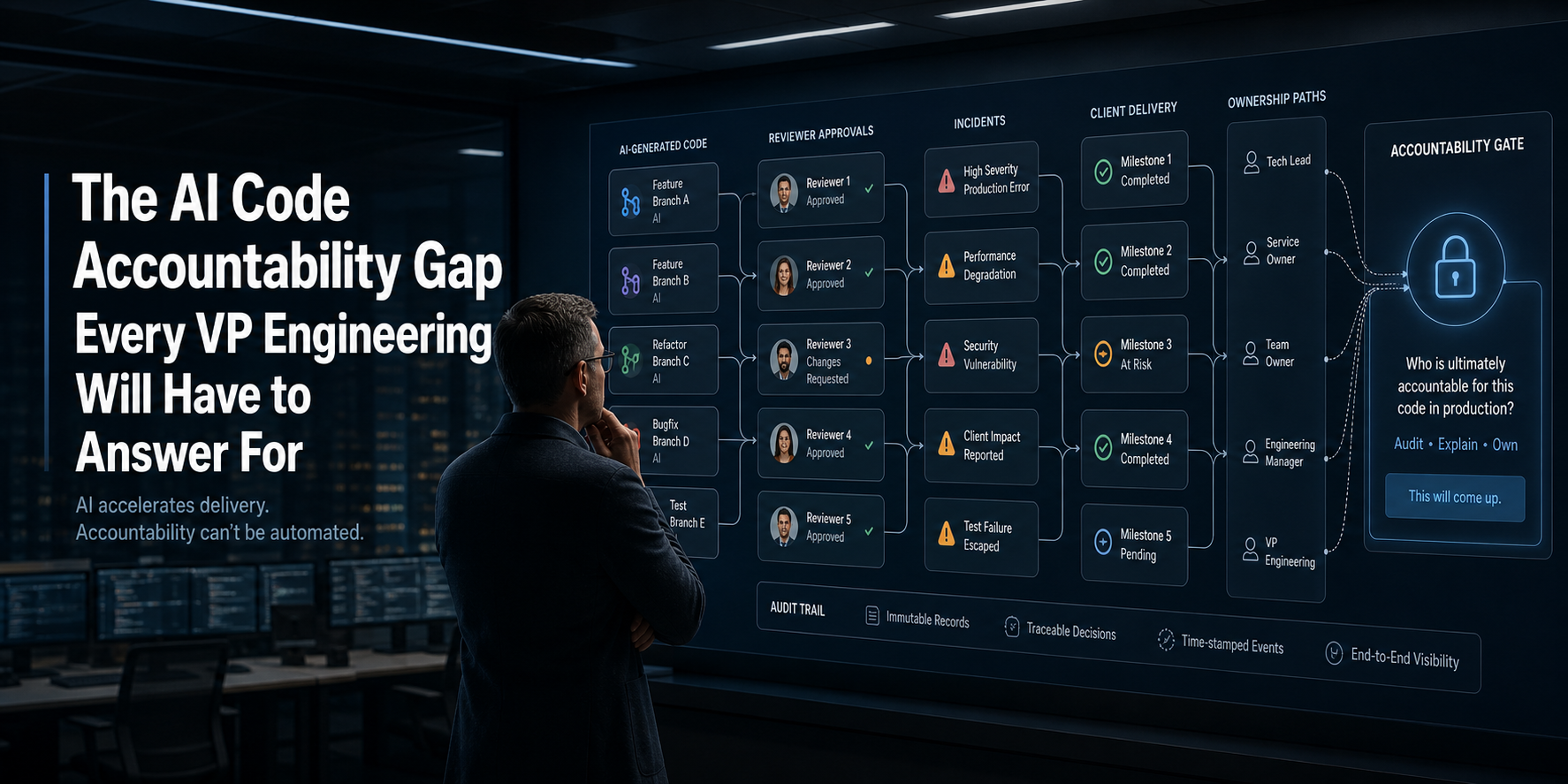 VP Engineering reviewing an accountability gate for AI-generated code