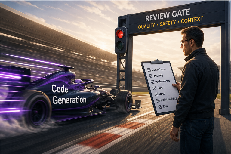 A code-generation race car reaching a careful review gate guarded by an engineer with a checklist