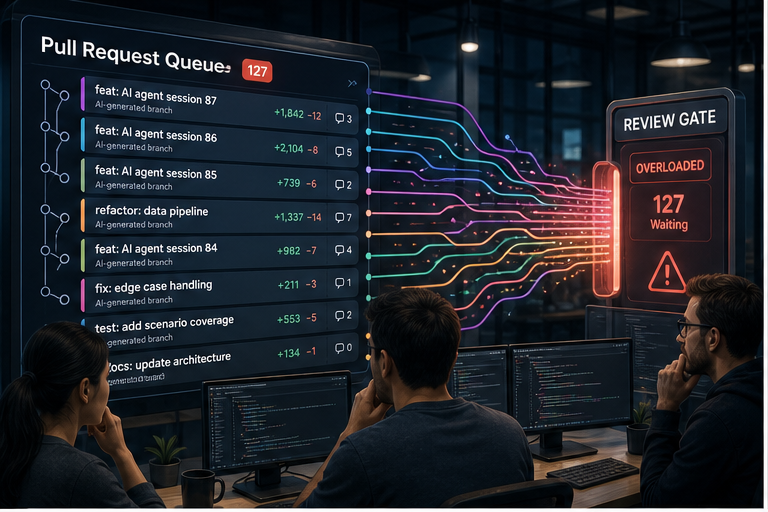 Engineering team looking at an overflowing pull request queue