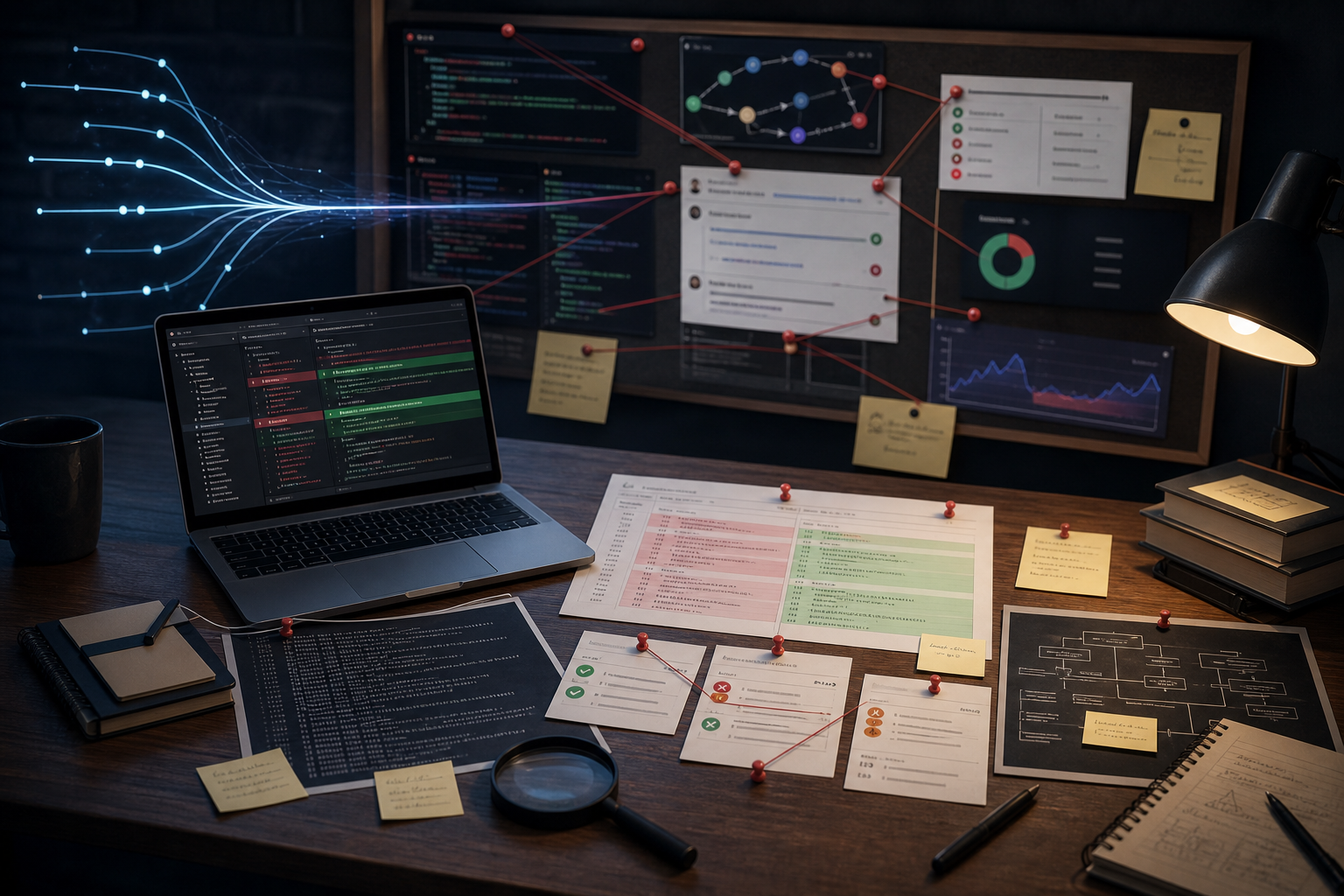 A detective-style engineering desk with code diffs, terminal logs, and test results pinned as evidence