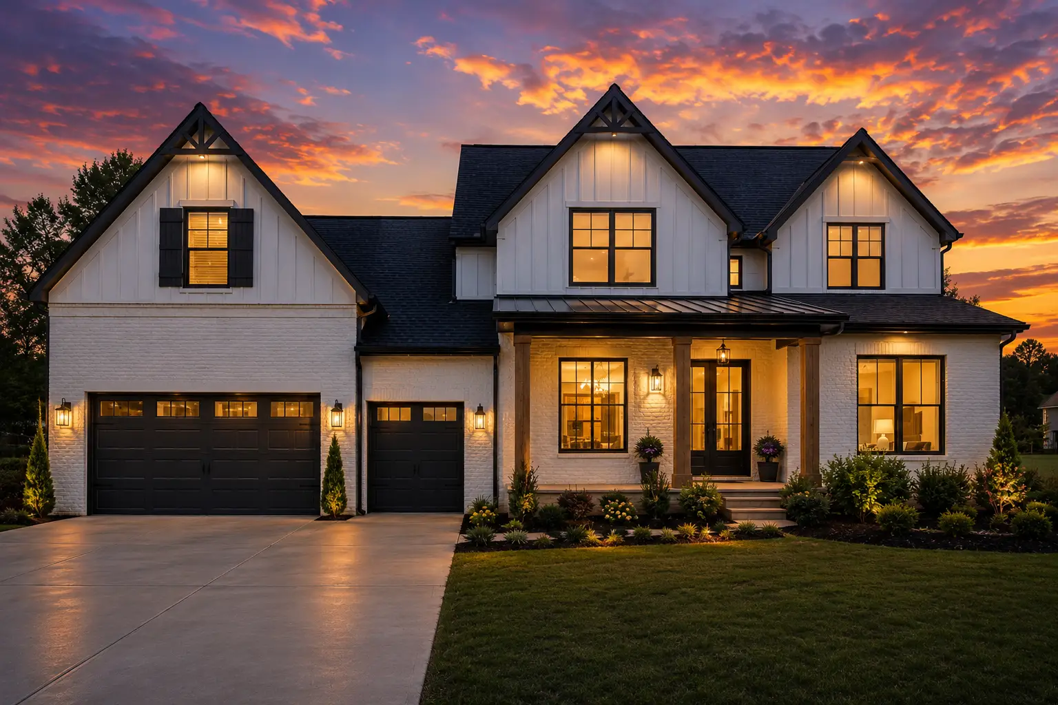 Twilight exterior house photo after day-to-dusk real estate photo editing