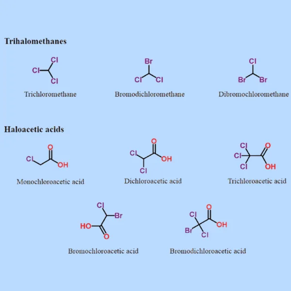 Chemical structures of common disinfection byproducts, including trihalomethanes and haloacetic acids