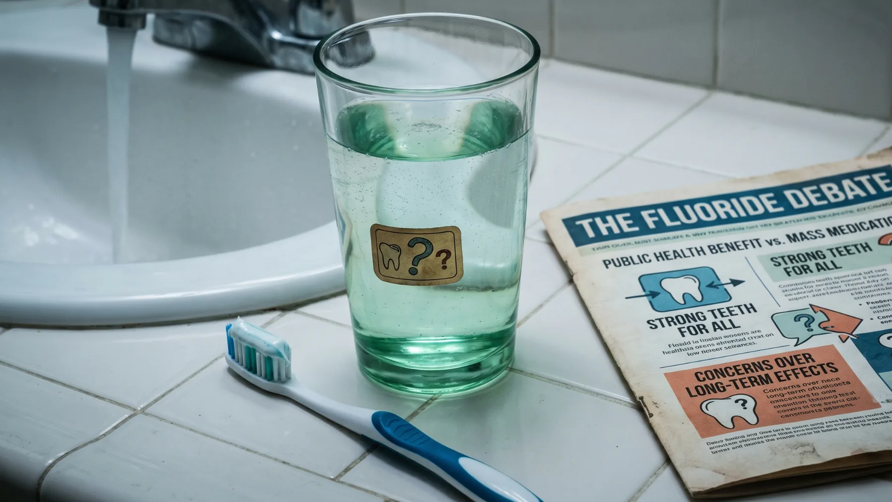 A glass of tap water beside a toothbrush, evoking the long-running debate over fluoride in public drinking water
