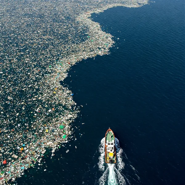 Floating plastic debris collecting in an ocean garbage patch, where larger items slowly break down into secondary microplastics
