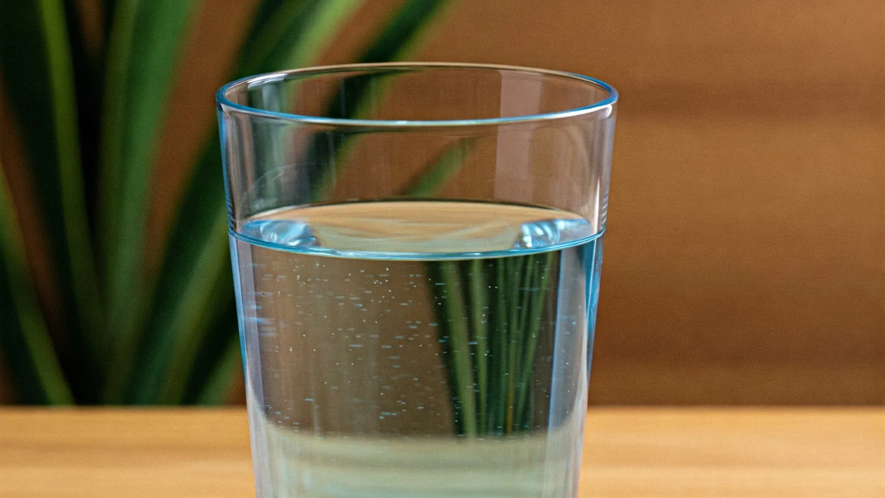 A clear glass of drinking water that may contain microscopic plastic particles invisible to the naked eye