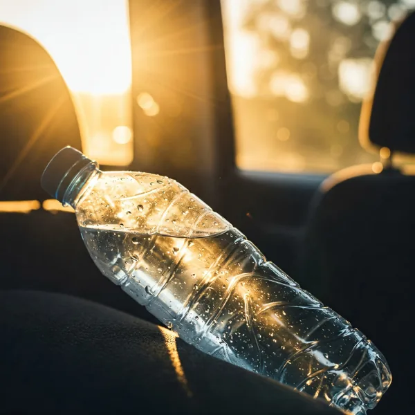 A plastic water bottle left in a hot car — heat and UV exposure accelerate microplastic shedding from PET